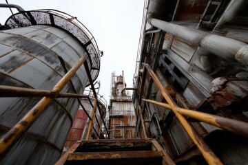 Industrial Complex with Rusty Tanks and Stairways under Overcast Sky, Representing Decay and Abandonment.