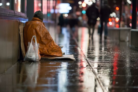 A homeless man seeks shelter on a rainy city street amidst blurred pedestrian traffic and bright city lights.