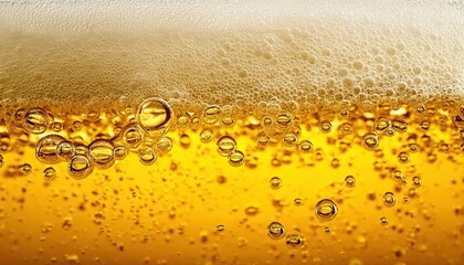 A close-up of frothy beer with bubbles. Used in beverage ads, pub menus, or social event promotions. Symbolizes relaxation, celebration, and communal joy.