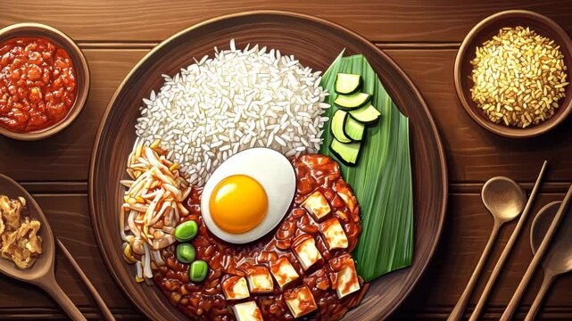 Delicious Nasi Lemak plate on wooden table