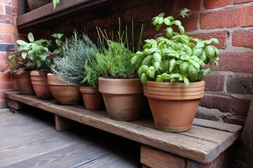 A charming display of fresh herbs thrives in terracotta pots on a weathered wooden shelf.