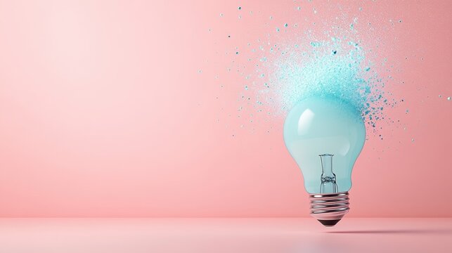 This image showcases a light bulb bursting with powdered color against a delicate pink background, evoking feelings of vibrancy and fresh thoughts in art. - Powered by Adobe
