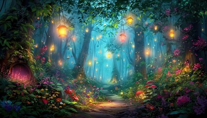 An enchanted forest path with glowing lanterns, dense trees, and colorful flowers. Ideal for fantasy illustrations, children's books, or mystical theme promotions.