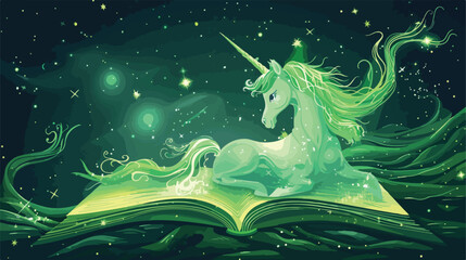 Professional Vector Illustration of Open Green Book with Unicorn in Space