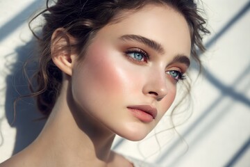 Close-up portrait of a beautiful woman with soft makeup, glowing skin, and wavy hair, with a natural, fresh look.