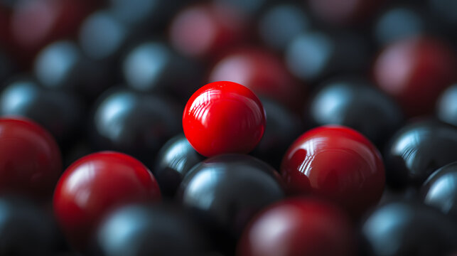 Single Vibrant Red Sphere Standing Out Among Dark Glossy Spheres in a Striking Contrast Scene for Abstract