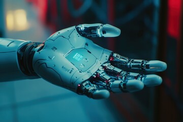 Robotic hand displaying advanced technology in a futuristic lab environment