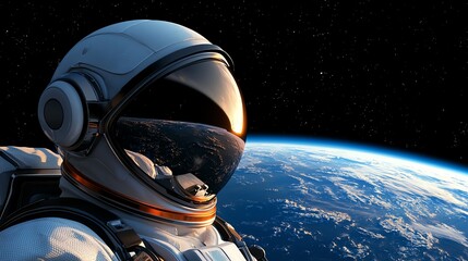 Fototapeta premium An astronaut in a space suit gazes at Earth from orbit, showcasing the immense beauty of our planet against the backdrop of the cosmos. A captivating moment of exploration.
