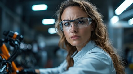 A skilled female mechanic intensely examines a bicycle in a workshop, highlighting her expertise and dedication to precision in her craft and choice of eyewear.