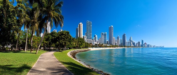 A stunning panoramic view of a coastal city skyline with clear blue skies, palm trees, and a serene beach. Ideal for travel enthusiasts looking for vibrant urban landscapes.