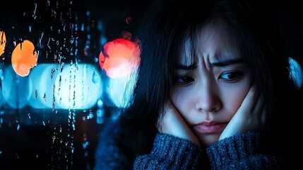 A contemplative young woman gazes out a rain-soaked window, lost in thought