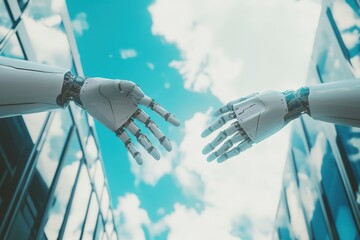 Robotic hands reaching towards each other in a futuristic urban landscape