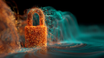 Sparkling orange padlock on dark teal background, abstract digital art, symbolizes online security, data protection, and privacy
