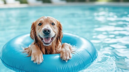 A cheerful golden retriever happily swims in a vibrant blue inflatable float, exemplifying joy and the blissful spirit of summer days in a swimming pool environment.