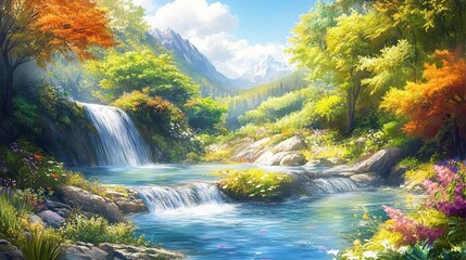Serene waterfall landscape with lush green trees and colorful flowers mountain view sky art blue