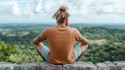 A man sits in a meditative pose on a rocky ledge, gazing over a beautiful green landscape, embodying tranquility, serenity, and a deep connection with nature and self.