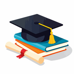 Graduation cap symbolizing achievement and knowledge with books and diploma