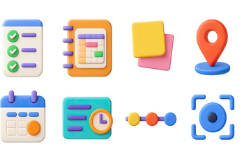 3D icon set of planning tools: to-do list, daily planner, sticky notes, goal marker, event calendar, time slot, timeline, focus icon.