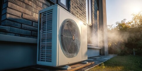 An outdoor heat-pump unit near a stone-walled building. Suitable for HVAC ads, energy efficiency guides, or home tech blogs. 