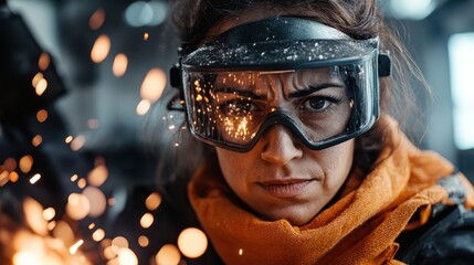 A determined woman wearing protective gear and goggles stands amidst sparks, showcasing strength and focus in a challenging industrial environment while welding.