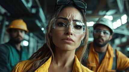 A focused woman with safety goggles and work attire is the center of attention in a construction environment, showcasing determination and professionalism in her field.
