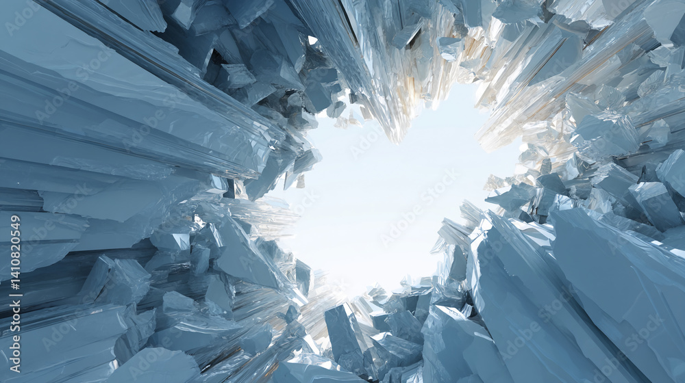 Poster Abstract image of broken ice crystals forming a circular frame, showcasing a bright sky in the center. Represents fragility, coldness, or a breakthrough concept.  Free space for text