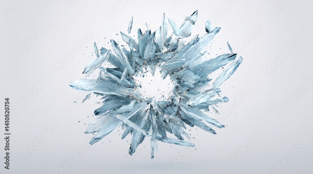 Poster abstract image of shattered light-blue crystals forming a circle with central free space, showcasing