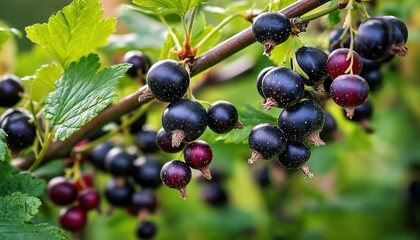Clusters of ripe blackcurrants on a green branch. Used in agricultural ads, health food marketing, or botanical art. 