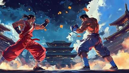 Epic martial arts duel in a vibrant temple setting