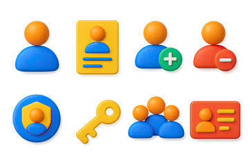 3D icon set of user management: avatar icon, user profile, add user, remove user, user badge, permission key, team group, contact card.