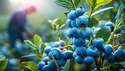 Fototapeta premium Sunlit blueberries on a bush with a blurred worker in the background. Ideal for agricultural ads, health food promotions, or rural tourism.