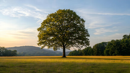 Fototapeta premium Solitary Tree At Sunrise In A Golden Field