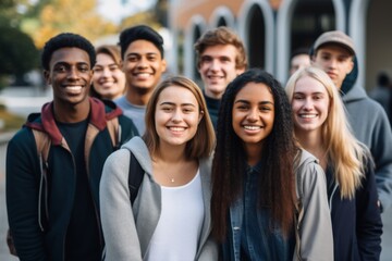 Portrait of a smiling diverse group of students Infront of university in USA