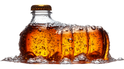 Fizzy amber beverage in a bottle with foam