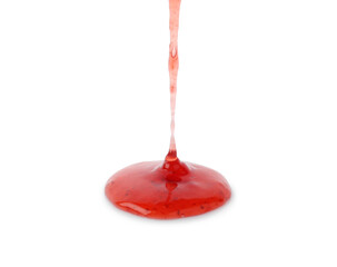 Pouring delicious strawberry sauce on white background, closeup