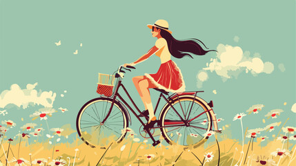 Vintage Style Woman Riding Bicycle Vector Illustration - Professional and Creative Design Element