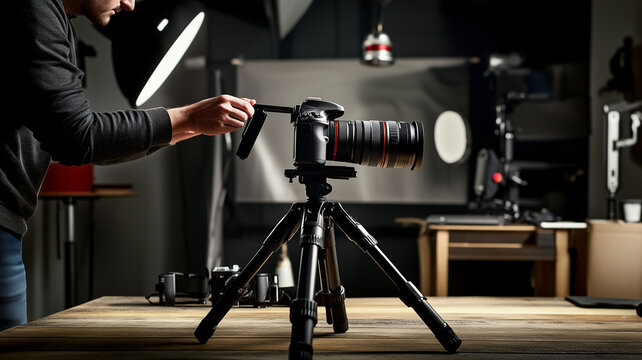 A photographer adjusting a professional camera on a tripod with soft lighting in a studio setting (1)