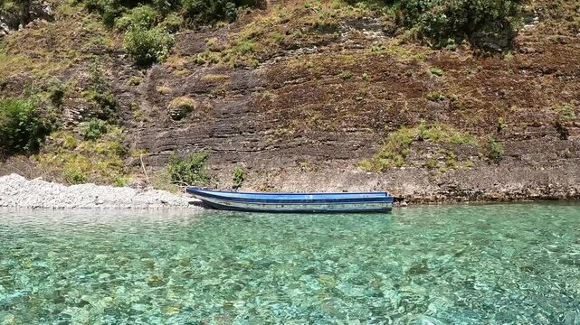 Lake Koman landscape, Albania. The Shala River, such highlight is Komani Lake, Komani Lake scenery with steep mountains. Landscape