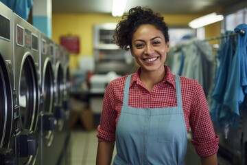 Portrait of a smiling Hispanic woman working at laundromat