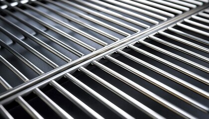Fototapeta premium A detailed close-up of a stainless steel grid pattern. Used in industrial catalogs, architectural designs, or kitchen equipment ads. 