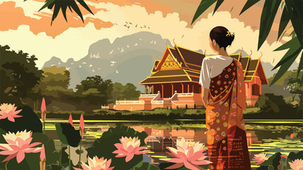 Professional Vector Illustration of a Woman at Temple in Nan Province