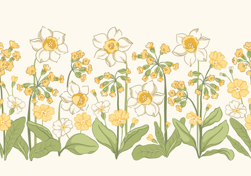 Vintage vector seamless horizontal border with delicate hand drawn flowers, daffodils, primroses with green foliage. Floral garden cottagecore design for spring, Easter textiles, stationery, weddings