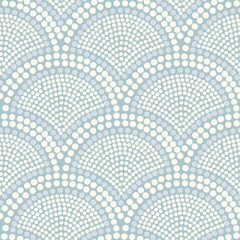 Elegant dotted scallop pattern with white fan shapes on light blue background. Seamless vector print with classic geometric mosaic shapes for minimal design with coastal cottagecore timeless motifs.