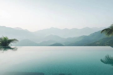 Serenity at an infinity pool overlooking misty mountains in the early morning light