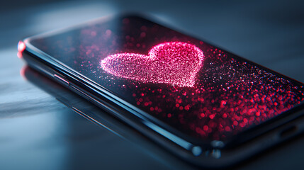 Digital Heart: A glowing, pixelated heart pulsates on a smartphone screen, a vibrant symbol of love and connection in the digital age. 