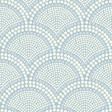 Fototapeta Elegant dotted scallop pattern with white fan shapes on light blue background. Seamless vector print with classic geometric mosaic shapes for minimal design with coastal cottagecore timeless motifs.