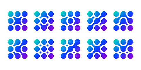 Connected dot icon, abstract tech logo. Vector shape science pattern, integration innovation symbol. Liquid circles merge into blob drops, medical data network metaball design. Round nano morph square