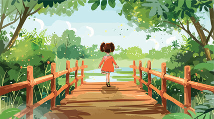Professional image of back view little girl walking on wooden bridge