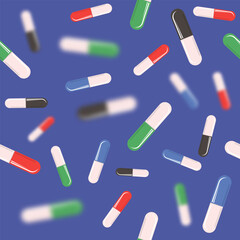 Vector Colorful Pills Blisters Seamless Pattern Isolated on Blue Background.
