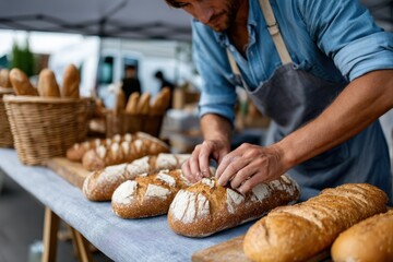 A skilled artisan baker is meticulously shaping and scoring fresh bread loaves at a local market, showcasing the dedication and precision in artisanal baking crafts.
